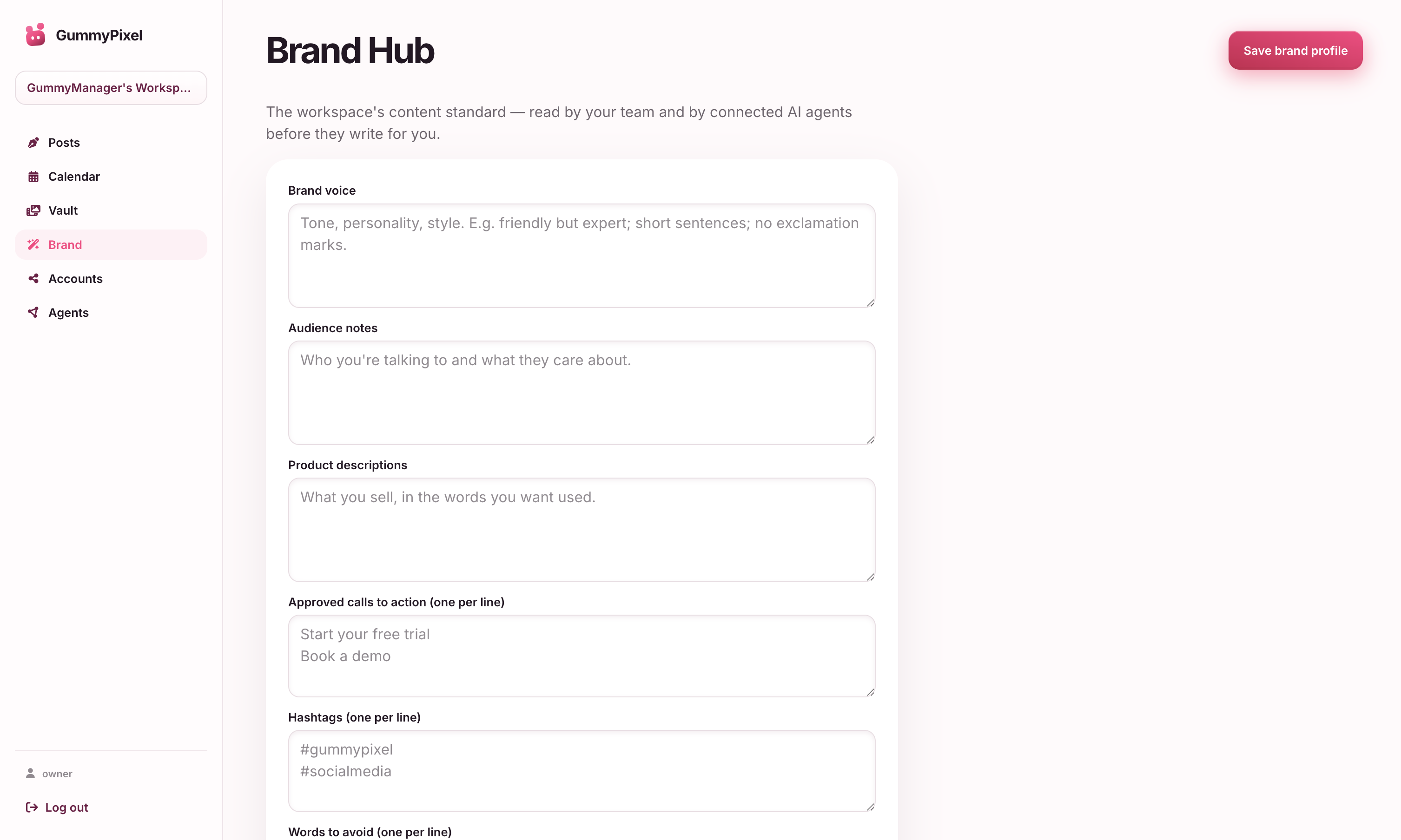 GummyPixel Brand Hub showing workspace voice and content standards