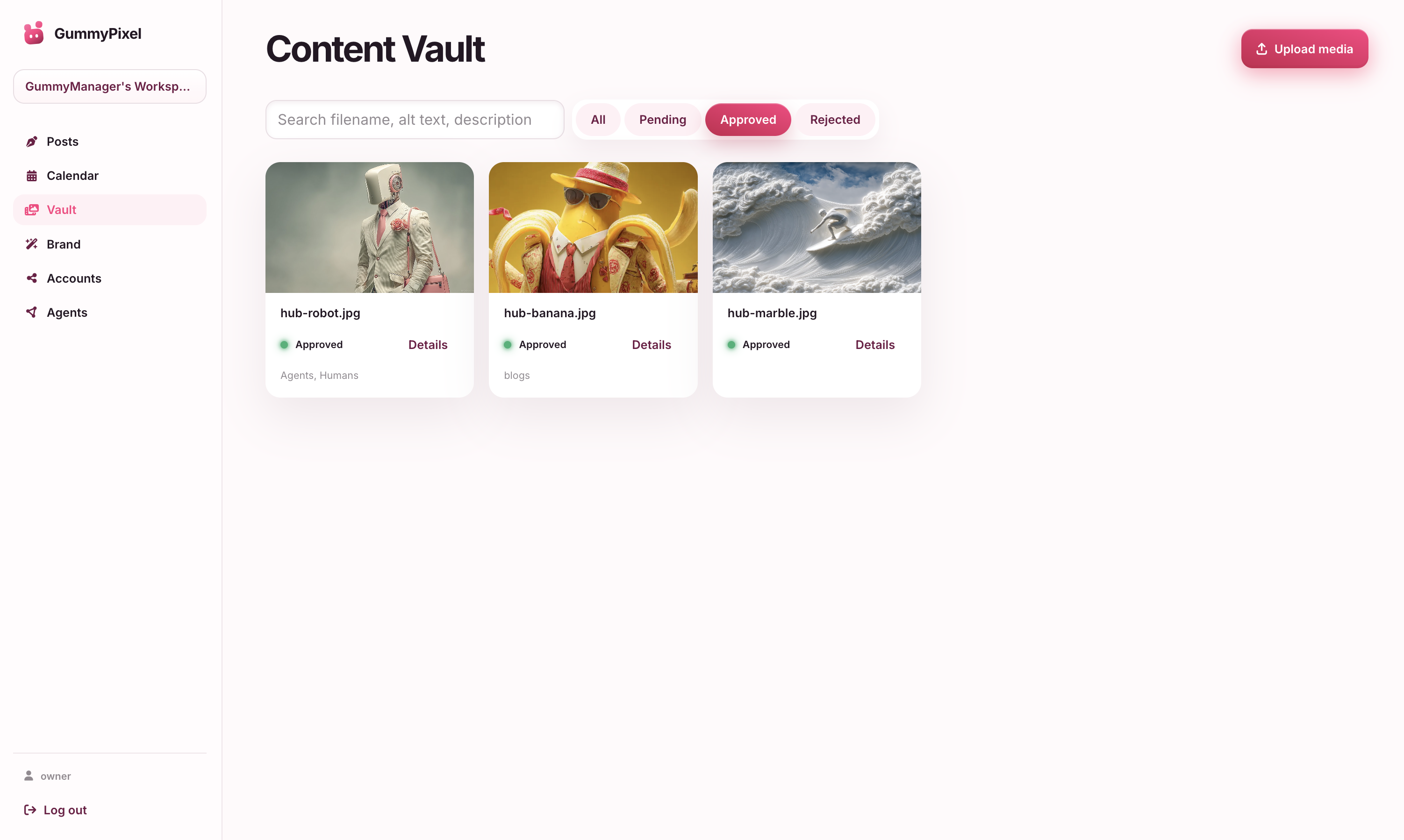GummyPixel Content Vault showing approved campaign media